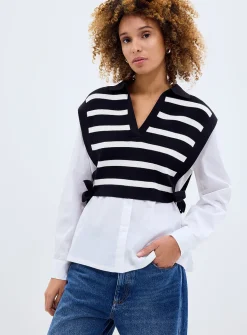 Overlaid effect Johnny collar tie-up sweater vest