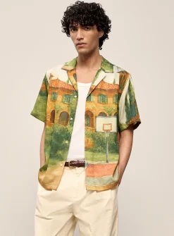 Painterly landscape camp shirt