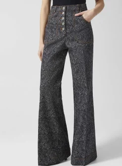 Paisley pattern flared-leg blue jean