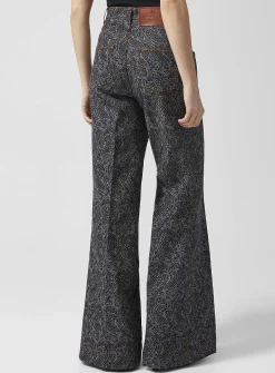 Paisley pattern flared-leg blue jean