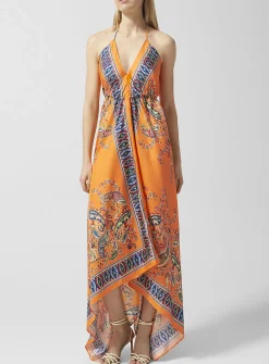 Paisley pattern pure silk halter dress