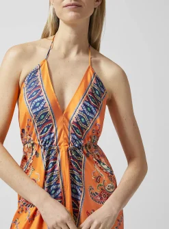 Paisley pattern pure silk halter dress
