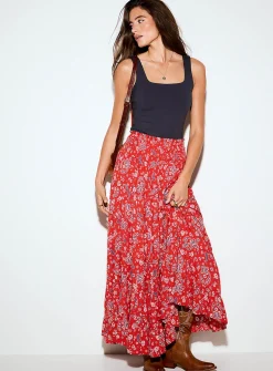 Paisley smocked-waist tiered maxi skirt