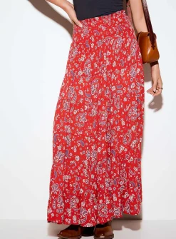 Paisley smocked-waist tiered maxi skirt