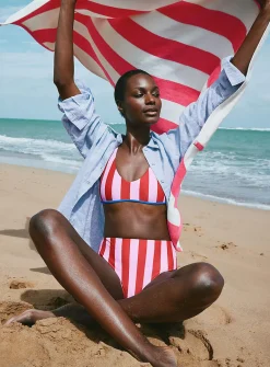 Parasol stripe high-rise bikini bottom