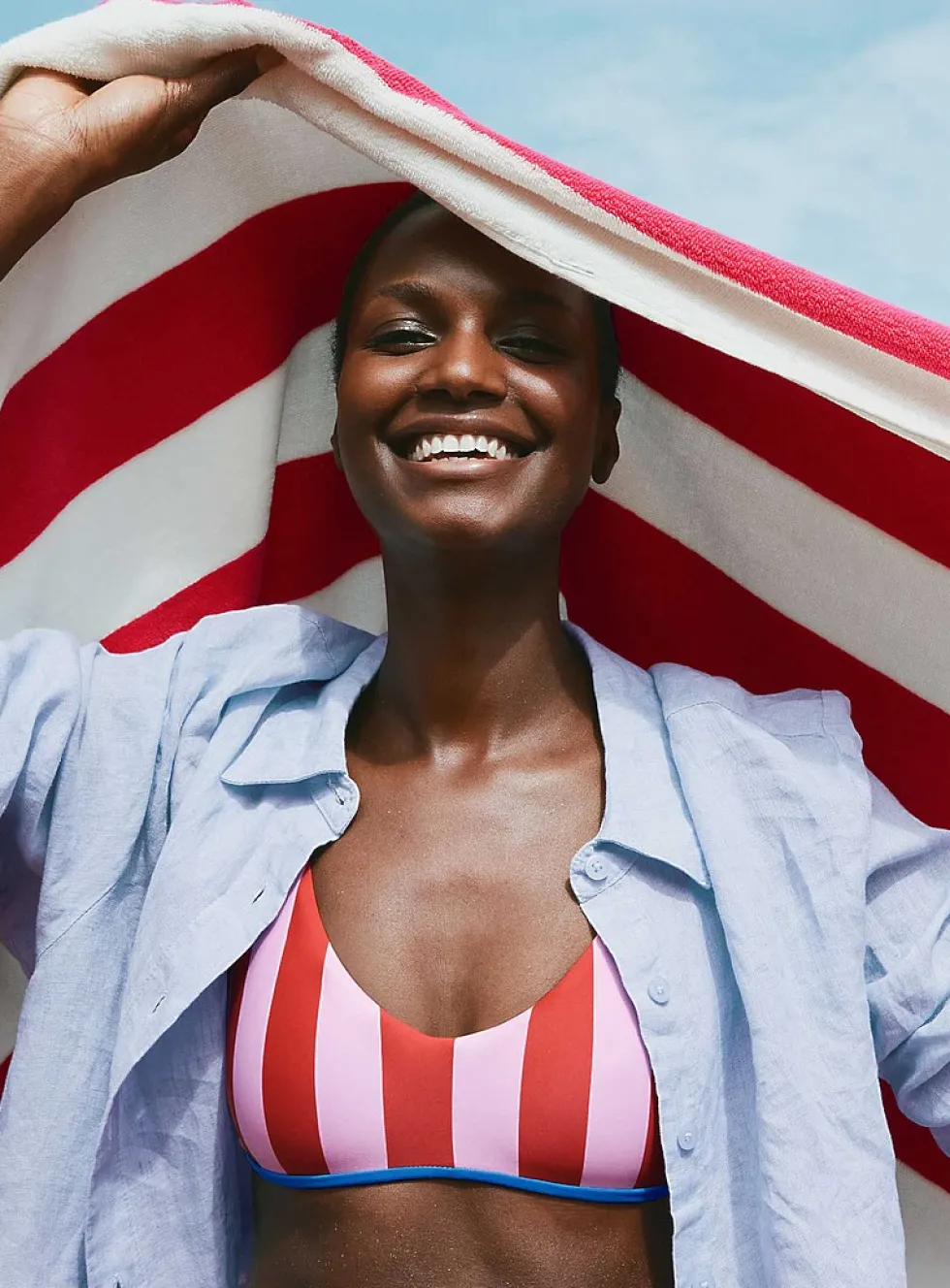 Parasol-stripe V-neck bralette bikini top