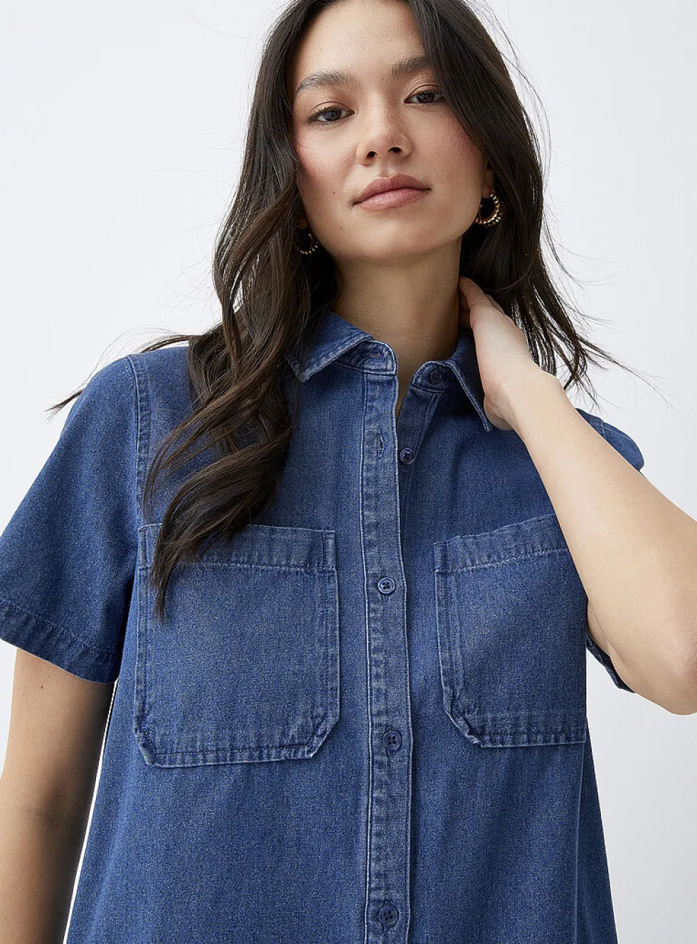 Patch-pocket denim shirt dress