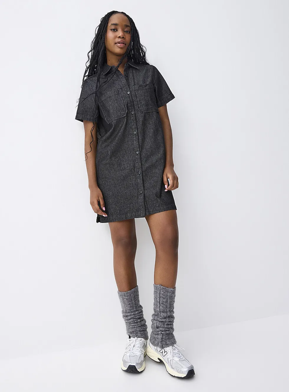 Patch-pocket denim shirt dress