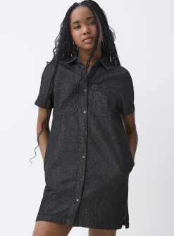Patch-pocket denim shirt dress
