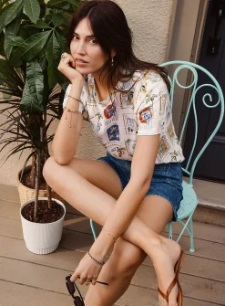 Patterned 100% slub linen T-shirt
