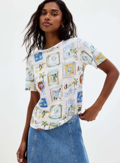 Patterned 100% slub linen T-shirt