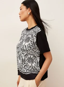 Patterned dual-material satiny T-shirt