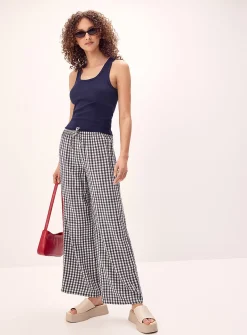 Patterned linen-blend wide-leg pant
