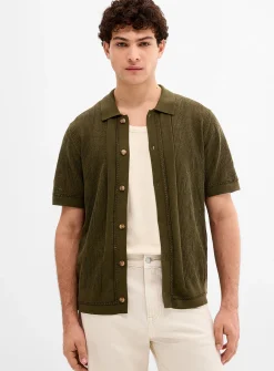 Patterned openwork knit polo-collar cardigan