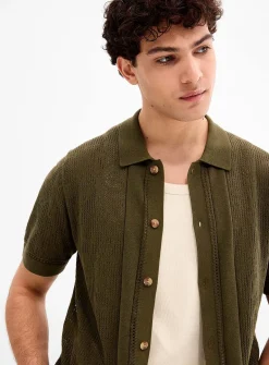 Patterned openwork knit polo-collar cardigan