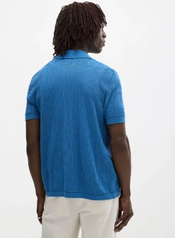 Patterned openwork knit polo-collar cardigan