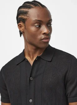 Patterned openwork knit polo-collar cardigan