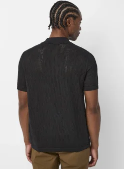 Patterned openwork knit polo-collar cardigan