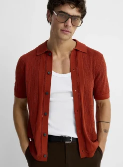 Patterned openwork knit polo-collar cardigan
