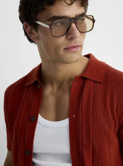 Patterned openwork knit polo-collar cardigan
