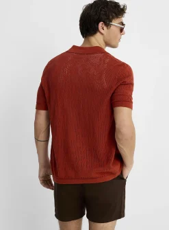 Patterned openwork knit polo-collar cardigan