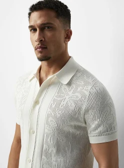 Patterned openwork knit polo-collar cardigan