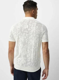 Patterned openwork knit polo-collar cardigan