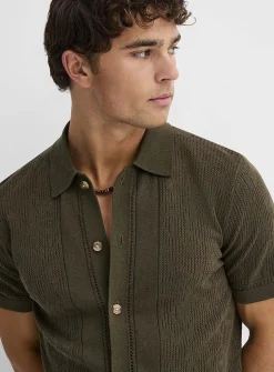 Patterned openwork knit polo-collar cardigan