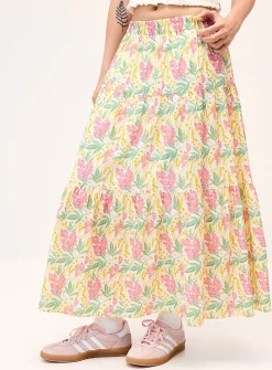 Patterned poplin tiered maxi skirt