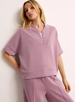 Peachskin-feel zipped V-neck sweatshirt