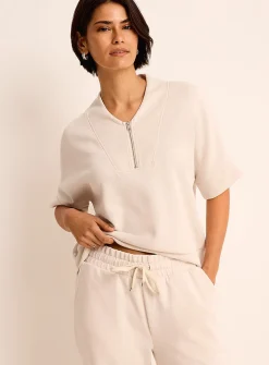 Peachskin-feel zipped V-neck sweatshirt