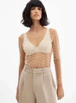 Pearls and crystals mesh T-shirt