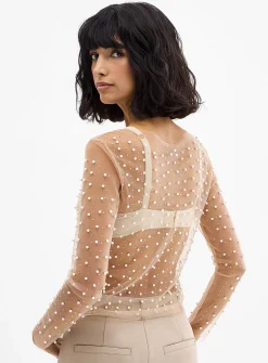 Pearls and crystals mesh T-shirt