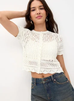 Pearly buttons pointelle knit cardigan