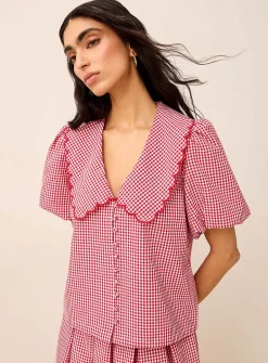 Peter Pan collar balloon-sleeve seersucker blouse