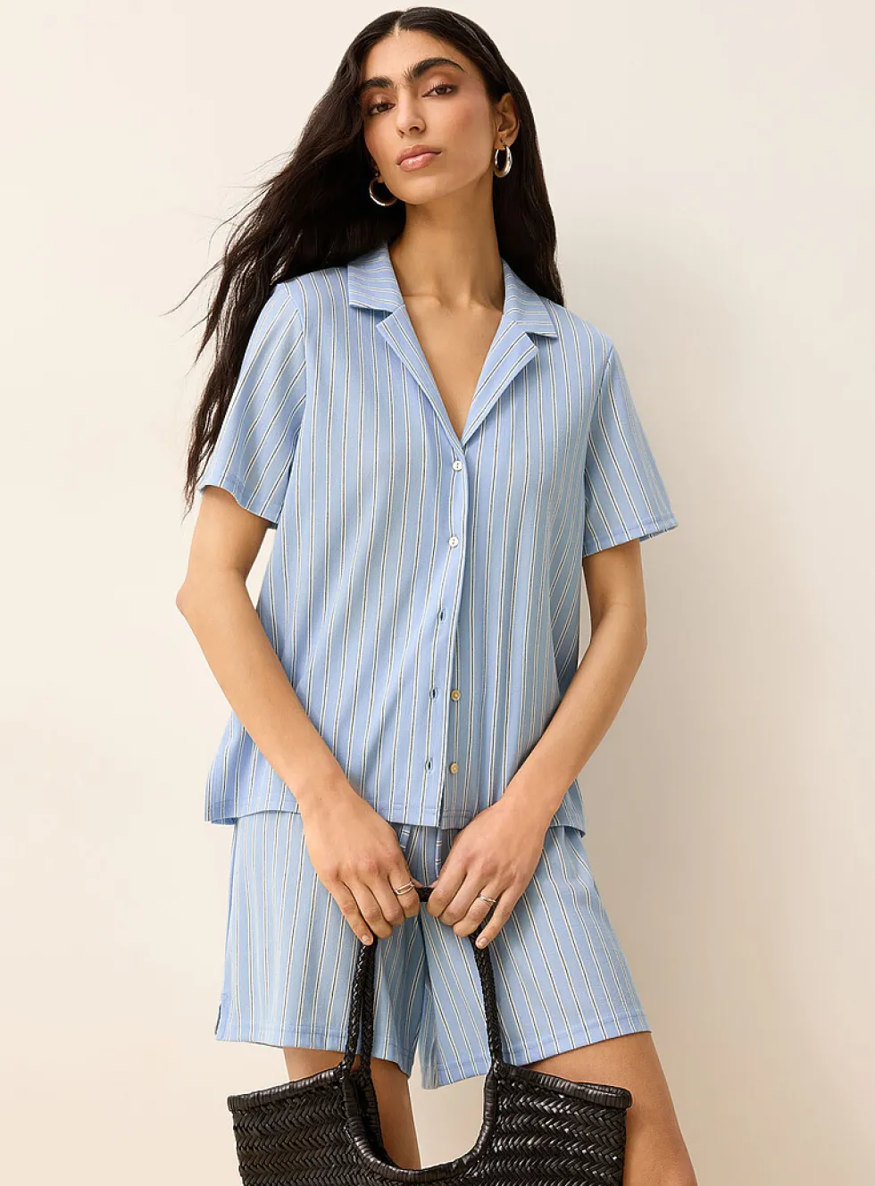 Piqué knit notched collar boxy-fit blouse