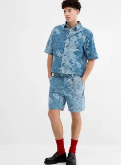 Pixelated checkerboard denim short