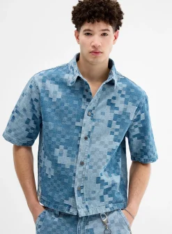Pixelated checkerboard denim shirt