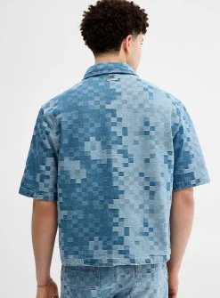Pixelated checkerboard denim shirt