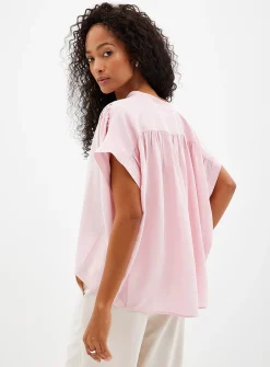 Pleated cap-sleeve pure silk blouse
