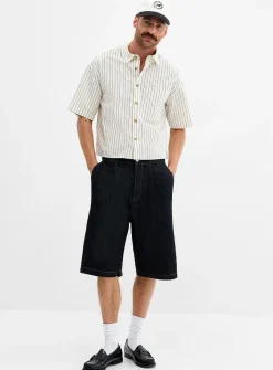 Pleated indigo denim Bermudas