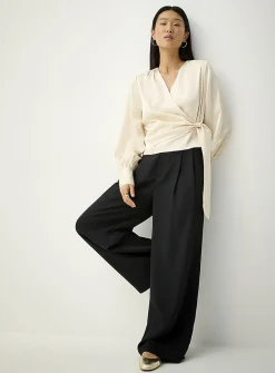 Pleated piqué wide-leg pant