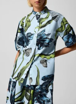 Pleated sleeves poplin blouse