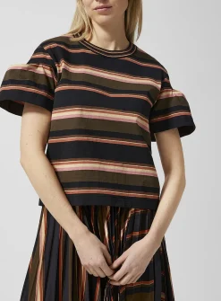 Pleated sleeves striped T-shirt