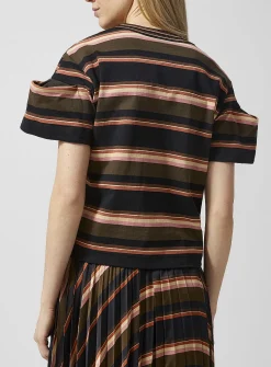 Pleated sleeves striped T-shirt
