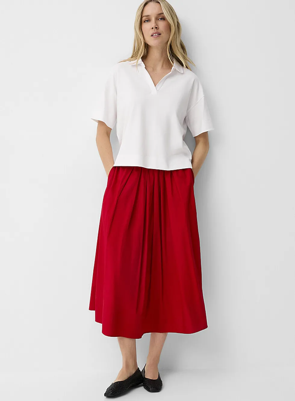 Pleated-waist poplin maxi skirt