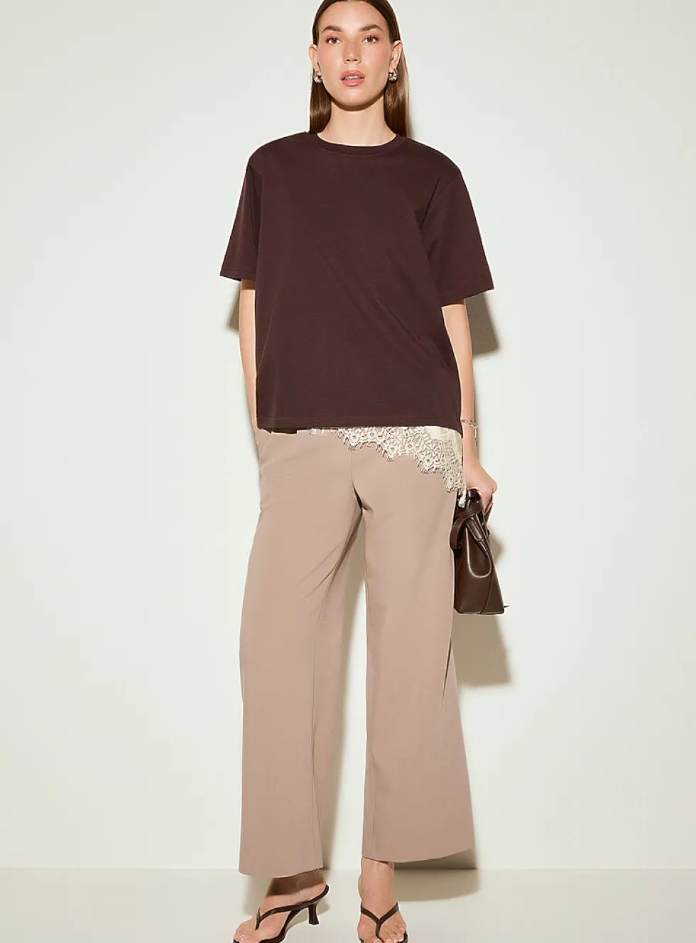Pleated-waist thick crepe wide-leg pant