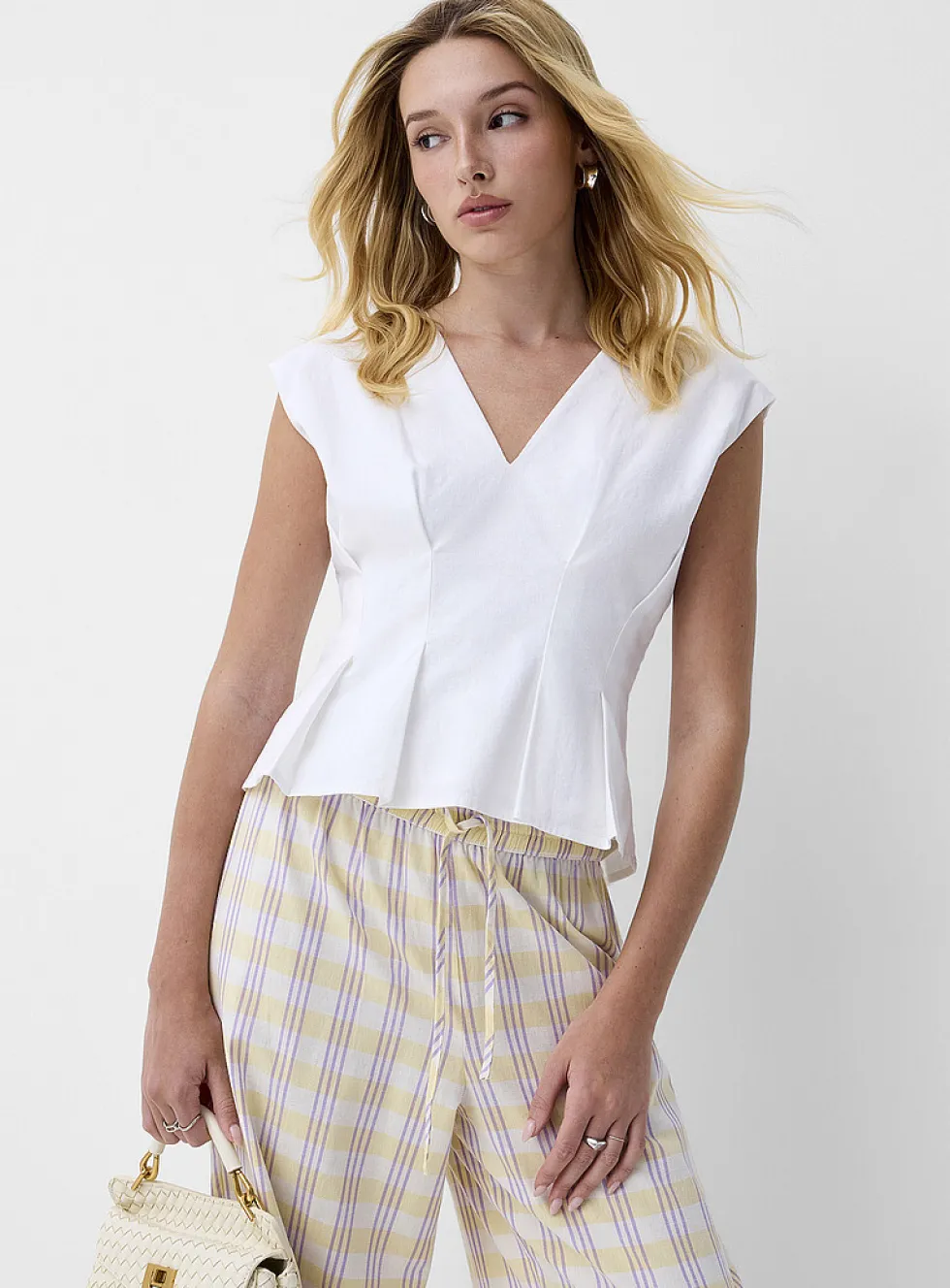 Plunging V-neck linen-blend pleated cami