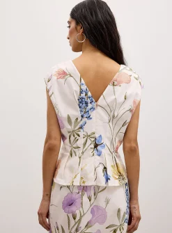 Plunging V-neck linen-blend pleated cami