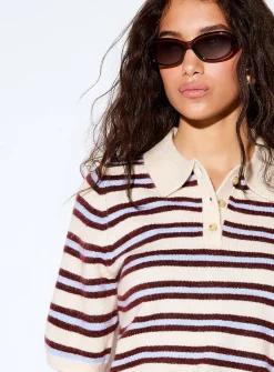 Plush knit striped cropped polo shirt